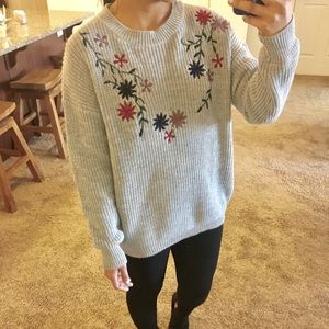 Heather gray boho embroidered floral sweater